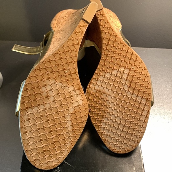 Gucci Gold Metallic Cork Wedge Sandals - Picture 7 of 12